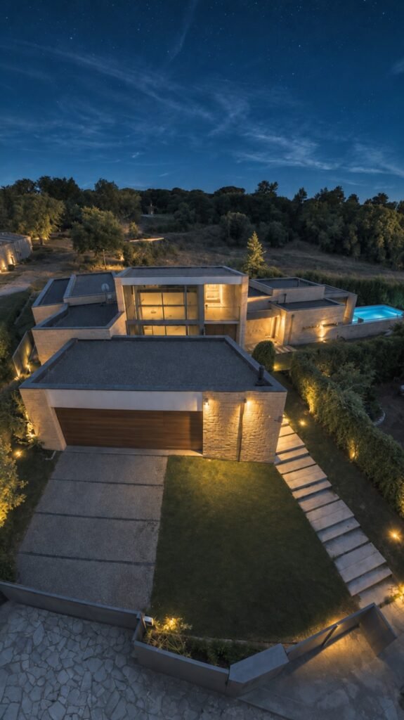 VCI029, Seva — vista aèria nocturna de la casa i la piscina il·luminades / vista aérea nocturna de la casa y la piscina iluminadas