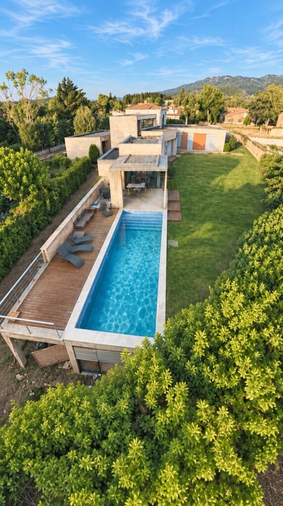 VCI029, Seva — vista aérea diurna de la casa, el jardín y la piscina